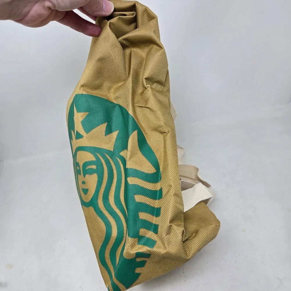 Starbucks Siren Logo Roll Top Backpack Khaki Tan Green Canvas Adjustable Straps